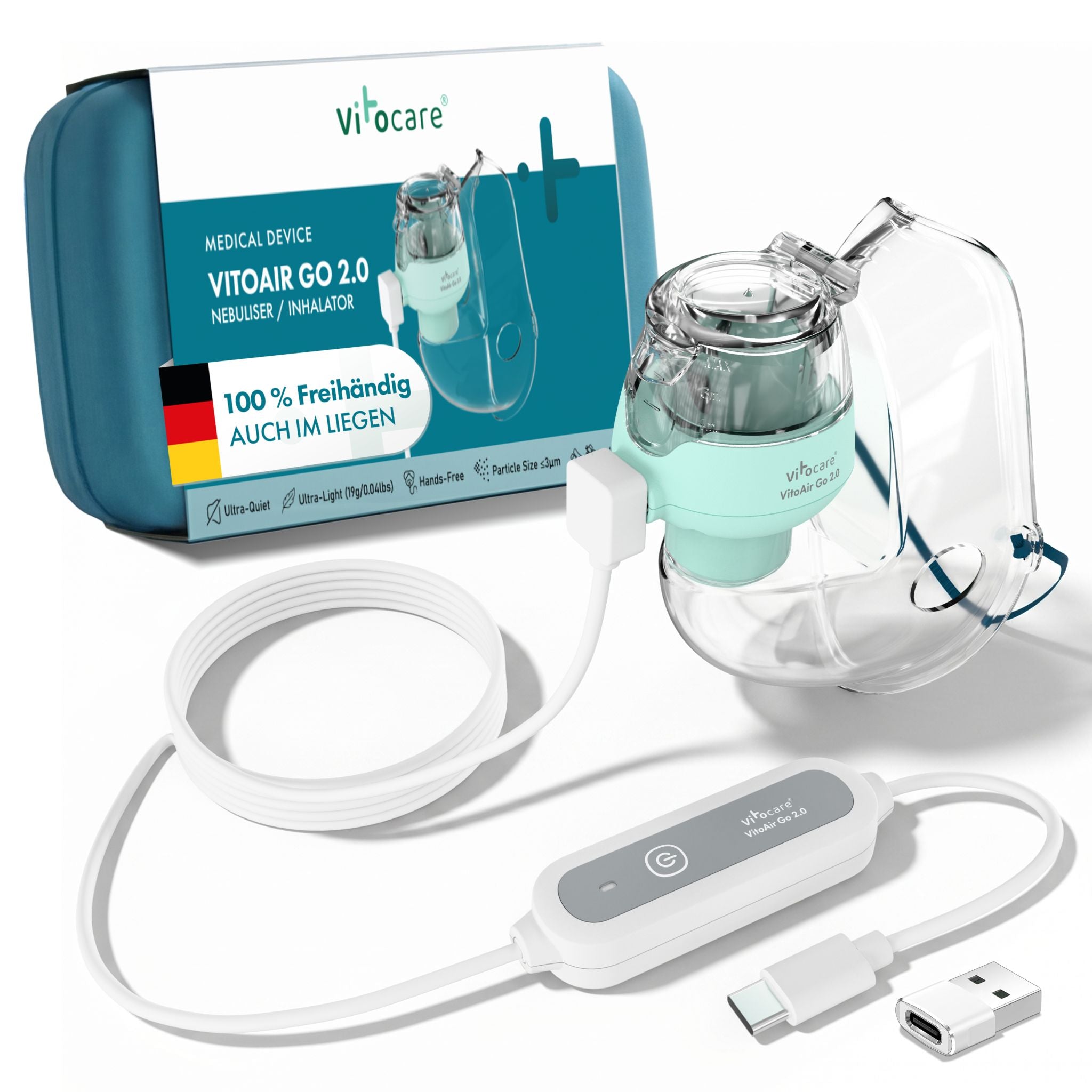 Inhaliergerät für Erwachsene & Kinder | VITOAIR Go 2.0 Mesh-Inhalator | 19 g, 2 Masken & Reisebox