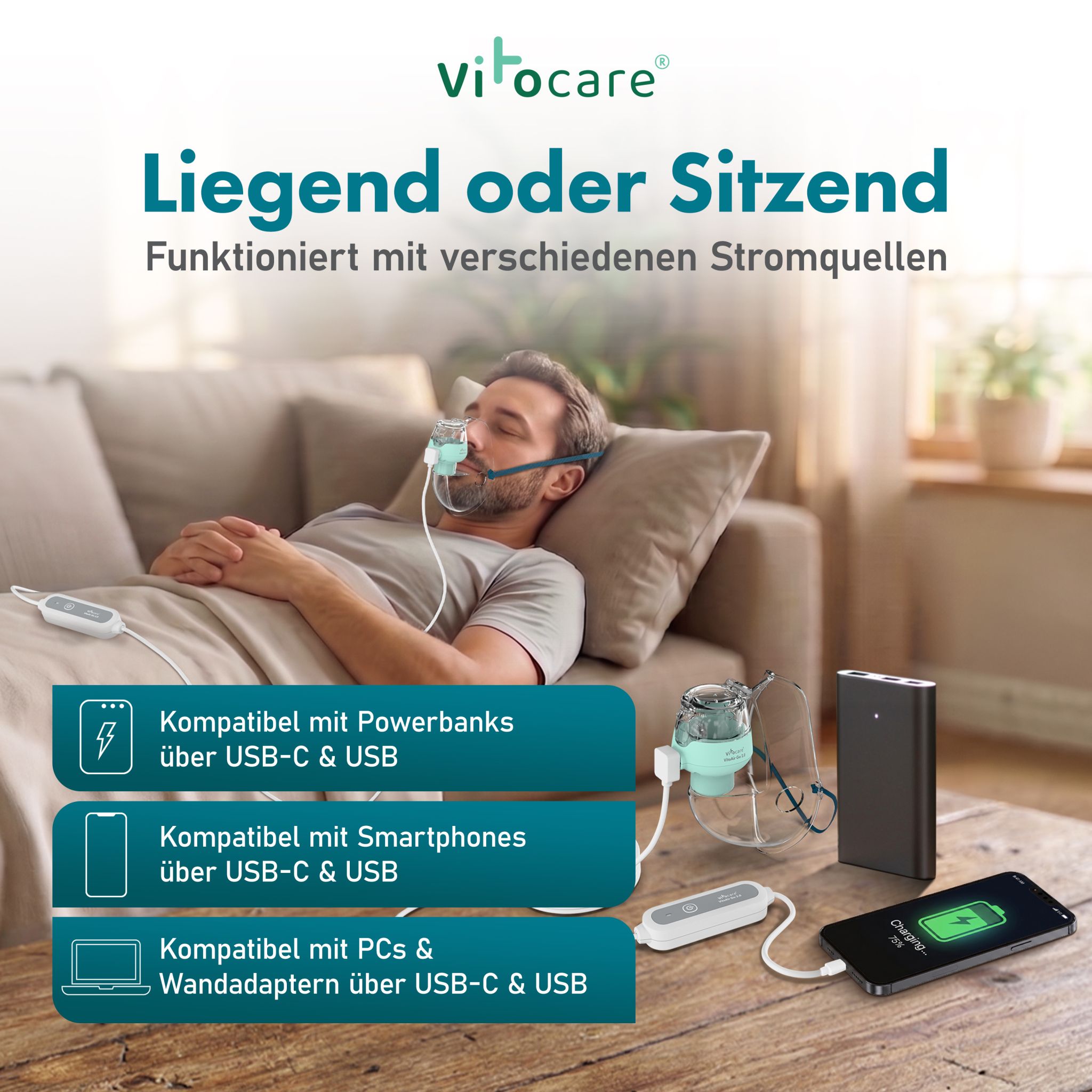 Inhaliergerät für Erwachsene & Kinder | VITOAIR Go 2.0 Mesh-Inhalator | 19 g, 2 Masken & Reisebox