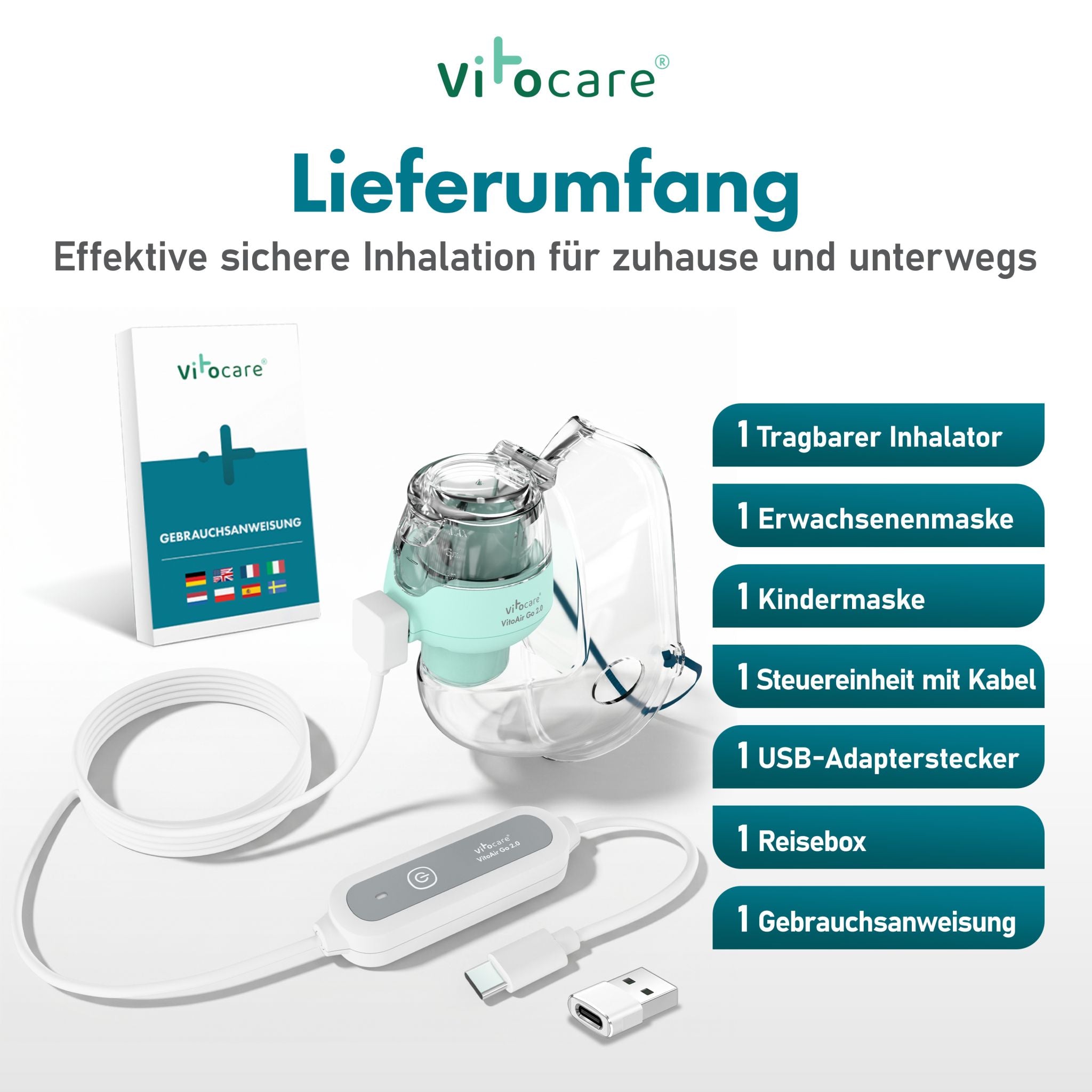 Inhaliergerät für Erwachsene & Kinder | VITOAIR Go 2.0 Mesh-Inhalator | 19 g, 2 Masken & Reisebox