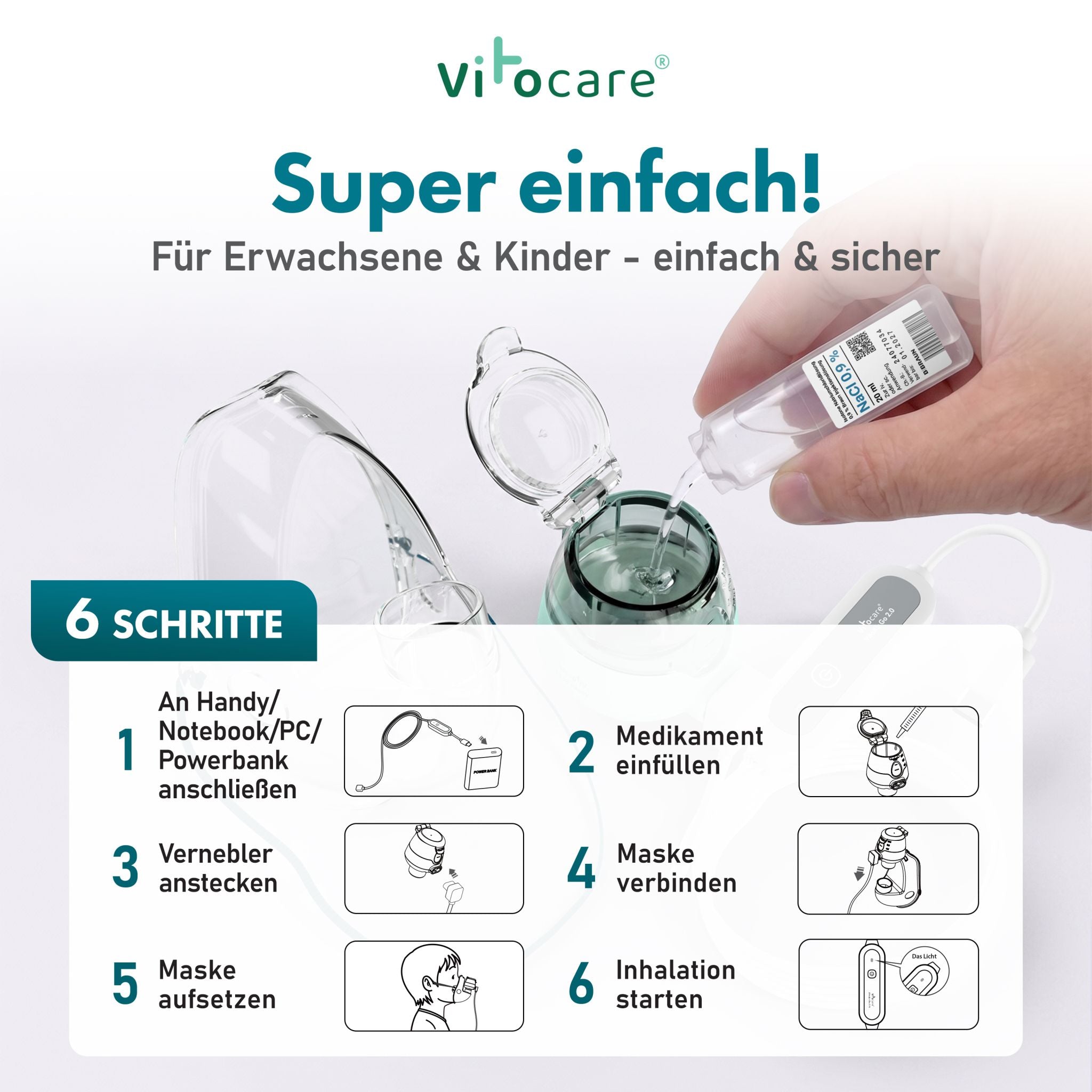 Inhaliergerät für Erwachsene & Kinder | VITOAIR Go 2.0 Mesh-Inhalator | 19 g, 2 Masken & Reisebox