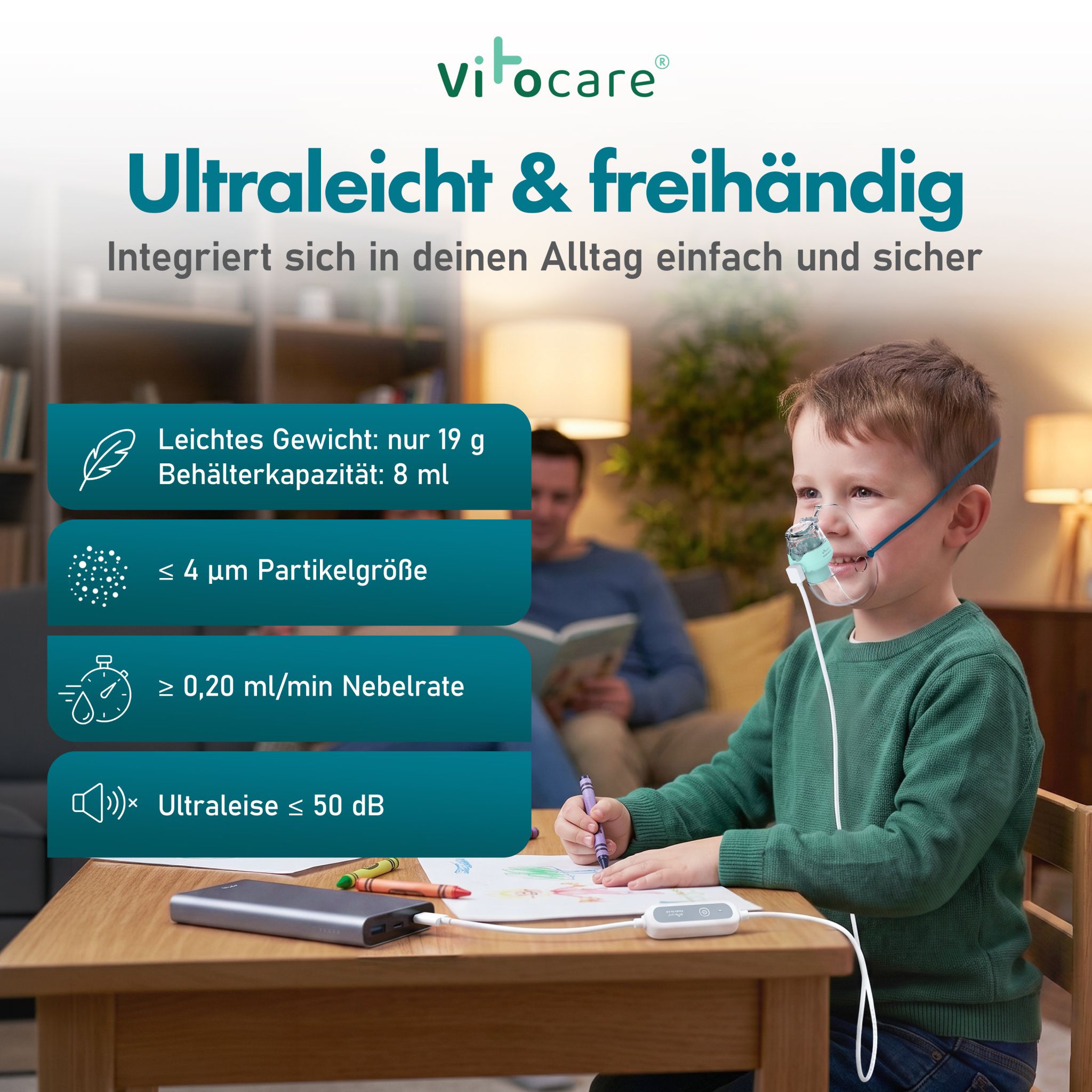 Inhaliergerät für Erwachsene & Kinder | VITOAIR Go 2.0 Mesh-Inhalator | 19 g, 2 Masken & Reisebox